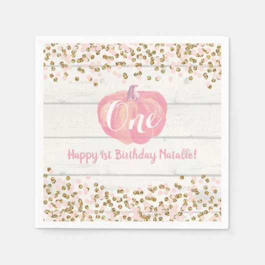 Rustikale Pumpkin Fall Erste Geburtstagsparty Pink Serviette (Vorderseite)