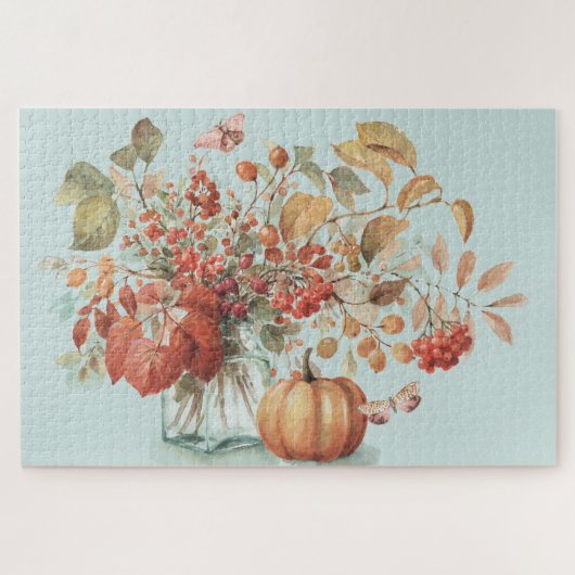 Rustikale Pumpkin Fall Foliage Bouquet Wasserfarbe Puzzle (Horizontal)