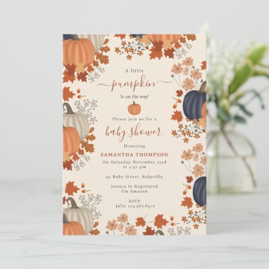 Rustikale Pumpkin Wildblumen Herbst Kinderdusche H Einladung (Stehend Vorderseite)