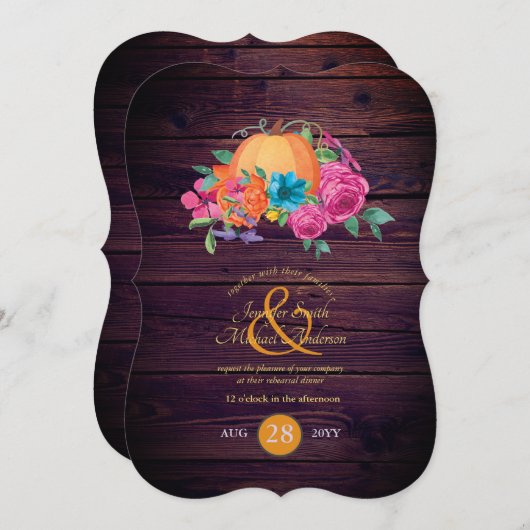 Rustikale Pumpkinepaare fallen Wasserfarben-Blume Einladung (Vorne/Hinten)