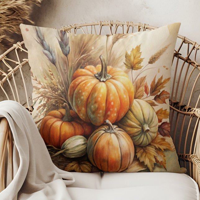 Rustikale Pumpkins & Blätter Boho Fall Throw Kisse Kissen (Rustic Pumpkins & Leaves Boho Fall Throw Pillow in a boho rattan armchair)