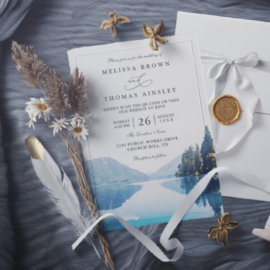 Rustikale QR-Code-Hochzeit im Bergsee-Wald Einladung