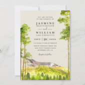 Rustikale QR-Code-Hochzeit Wald Bäume Berge Einladung (Vorderseite)