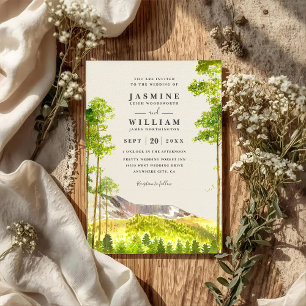 Rustikale QR-Code-Hochzeit Wald Bäume Berge Einladung
