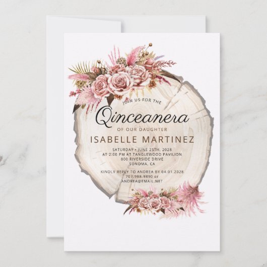 Rustikale Quinceanera Blush Pink Roses Floral Einladung (Vorderseite)
