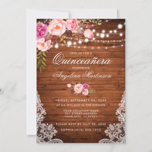 Rustikale Quinceanera Wohn-Lichter Spitzen rosa Bl Einladung (Vorderseite)