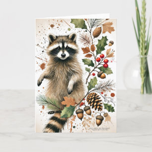 Rustikale Raccoon Pine Cones Holly Berries Acorns Feiertagskarte