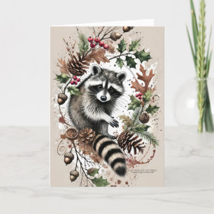 Rustikale Raccoon Pine Cones Holly Berries Acorns Feiertagskarte