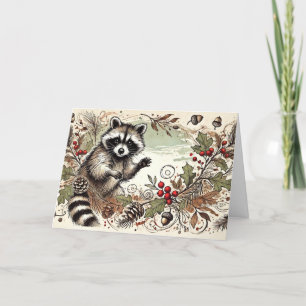 Rustikale Raccoon Pine Cones Holly Berries Acorns Feiertagskarte
