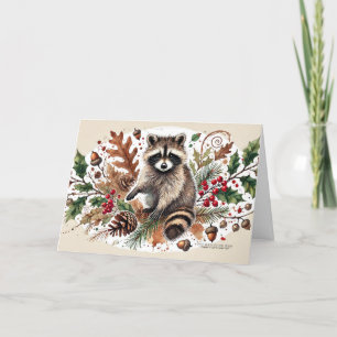 Rustikale Raccoon Pine Cones Holly Berries Acorns Feiertagskarte