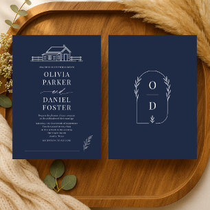 Rustikale Ranch-Hochzeit Line Art Navy Blau Einladung