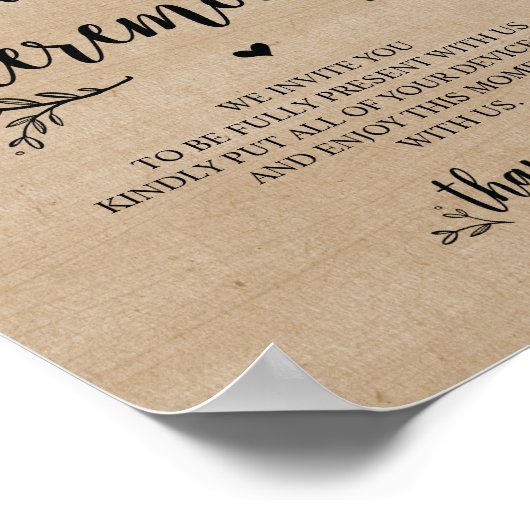 Rustikale Reben mit UNPLUGED CEREMONONY-Zeichen Poster (Ecke)