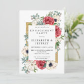 Rustikale Red and Gold Floral Engagement Party Einladung (Stehend Vorderseite)