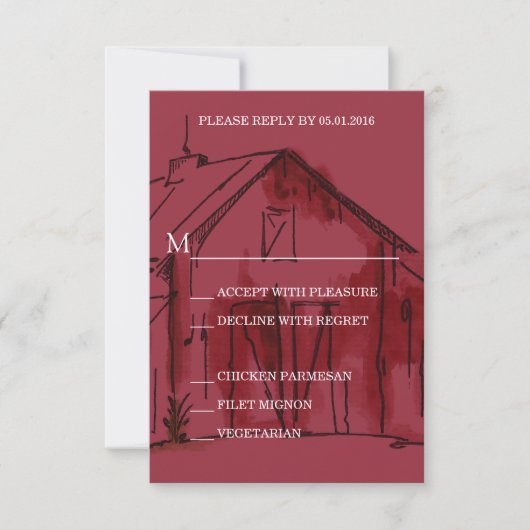 Rustikale Red Barn Wedding RSVP Antwortkarte Karte (Vorderseite)