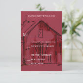 Rustikale Red Barn Wedding RSVP Antwortkarte Karte (Stehend Vorderseite)