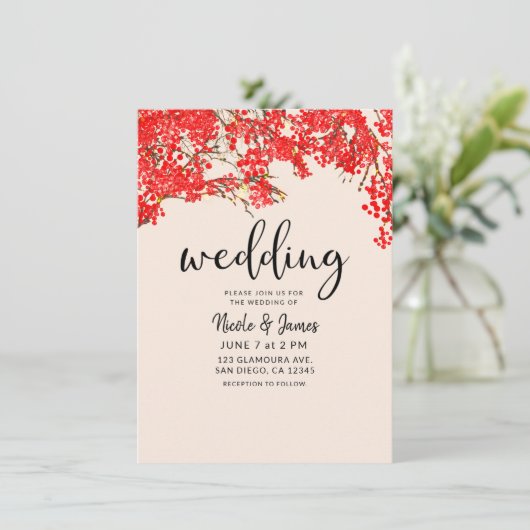 Rustikale Red Berries Berry Tree Branches Wedding Einladung (Stehend Vorderseite)