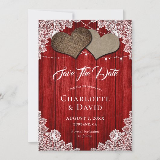 Rustikale Red Burlap Lace Wedding rettet die Date Save The Date (Vorderseite)