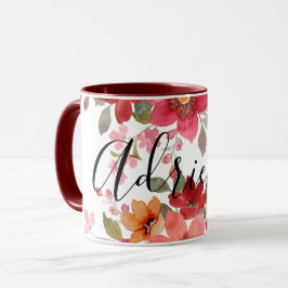 Rustikale Red Fall-Blume Aquarellfarben Name Tasse