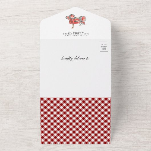 Rustikale Red Farm Traktor Babydusche All In One Einladung (Außenbereich)