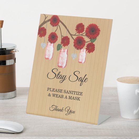 Rustikale Red Floral Mason Jars Hochzeitsicherheit Sockelschild (In SItu)