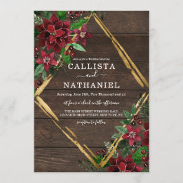 Rustikale Red Gold Poinsettia Floral Wood Wedding Einladung
