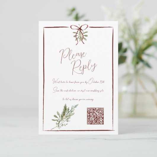 Rustikale Red Hand Letted Winter Wedding QR UAWG RSVP Karte (Stehend Vorderseite)