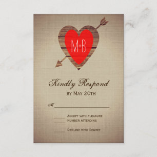 Rustikale Red Heart Arrow Wedding RSVP Cards Karte
