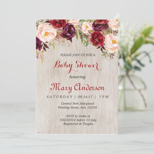 Rustikale Red Marsala Babydusche Einladung (Stehend Vorderseite)