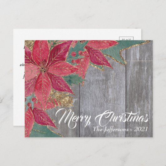 Rustikale Red Poinsettia Gold Sparks Frohe Weihnac Postkarte (Vorne/Hinten)