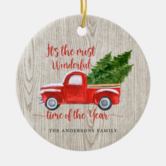 Rustikale Red Truck Weihnachtsbaumfamilie Keramik Ornament (Vorne)