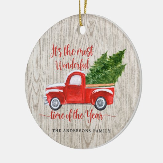 Rustikale Red Truck Weihnachtsbaumfamilie Keramik Ornament (Links)