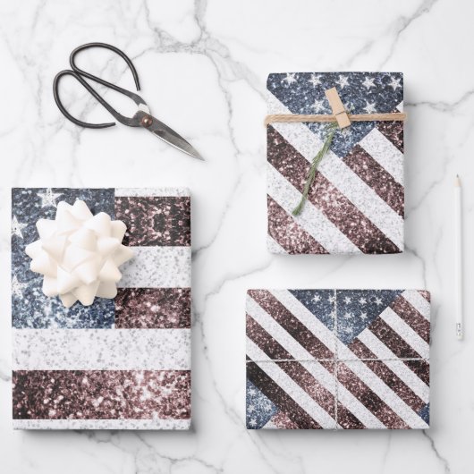 Rustikale Red White Blue Glitzern USA Flagge Geschenkpapier Set (Vorderseite)
