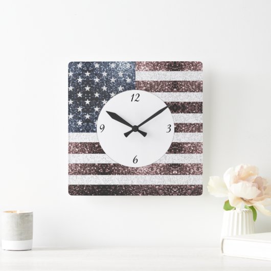 Rustikale Red White Blue Glitzern USA Flagge Quadratische Wanduhr (Zuhause)