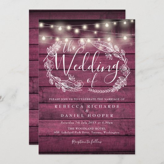 Rustikale Red Wood String Lights Script Hochzeit Einladung (Vorne/Hinten)