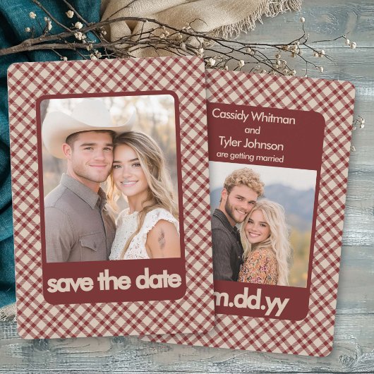 Rustikale Retro-Braun-Gingham-Western-Mehrfach-Fot Save The Date