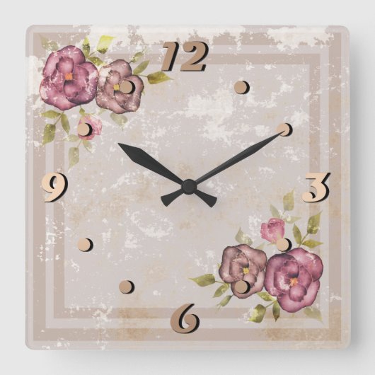 Rustikale Retro-Grunge beige Textur Blume Rose tl Quadratische Wanduhr (Vorderseite)