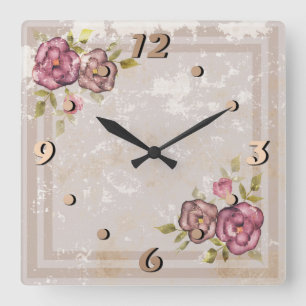 Rustikale Retro-Grunge-Beige-Textur Blumen Rosen B Quadratische Wanduhr