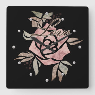 Rustikale Retro-Grunge-Beige-Textur Blumen Rosen B Quadratische Wanduhr