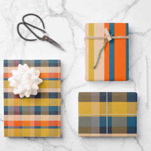 Rustikale Retro Moderne Kariert- & Streifenmuster Geschenkpapier Set
