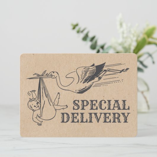 Rustikale Retro Style Stork Baby Dusche Einladung (Stehend Vorderseite)