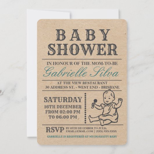 Rustikale Retro Style Stork Baby Dusche Einladung (Rückseite)