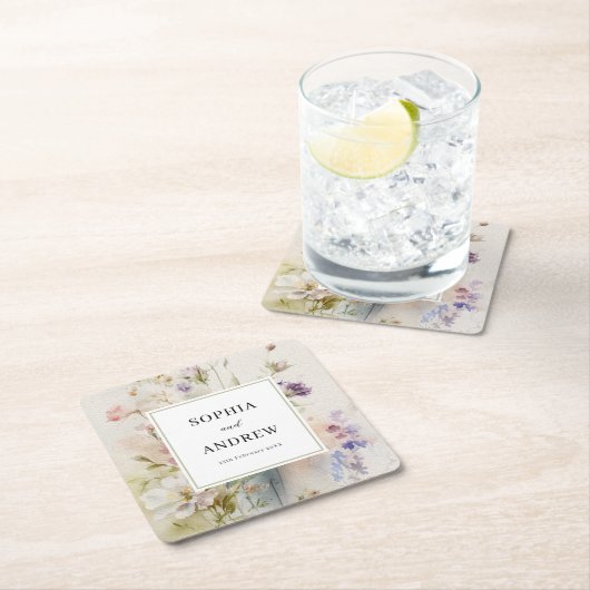 Rustikale Retro-Wildblumen Hochzeit Rechteckiger Pappuntersetzer (Vor Ort)