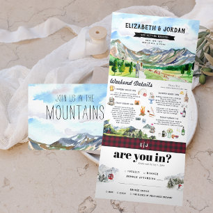 Rustikale Rocky Mountains Illustrierte Hochzeit Dreifach Gefaltete Einladung