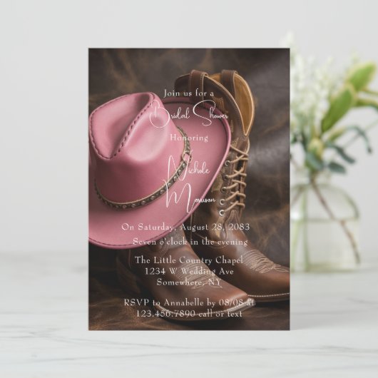 Rustikale Romance: Boots & Hat Brautparty Einladung (Stehend Vorderseite)