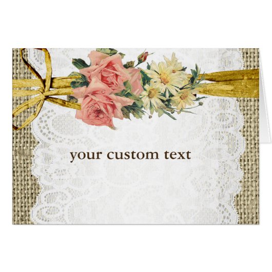 Rustikale Romance Burlap & Lace Floral Faltkarte (Vorderseite (Horizontal))