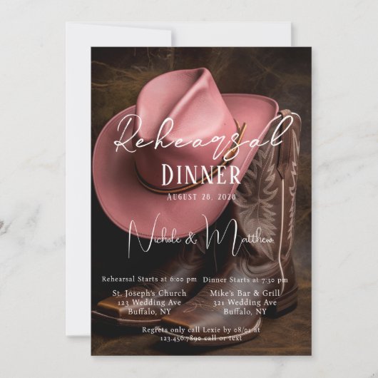 Rustikale Romantik: Boots & Hat Probe Dinner Einladung (Vorderseite)