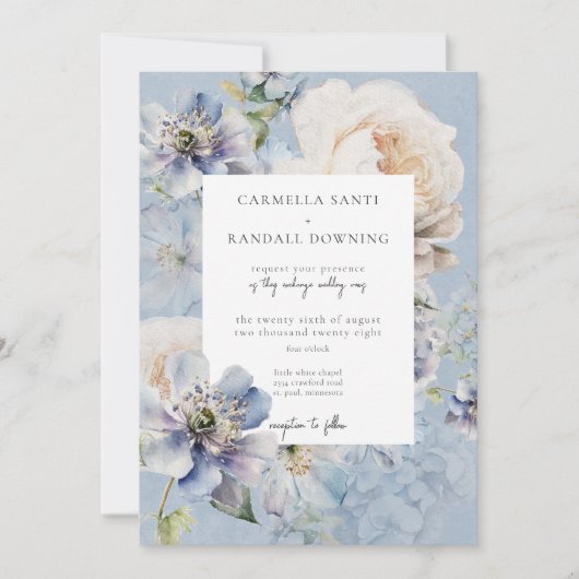 Rustikale Romantik Dusty Blue & White Floral Einladung (Vorderseite)