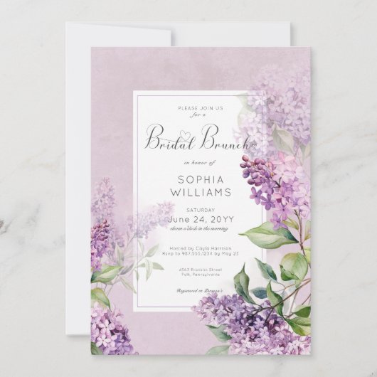 Rustikale Romantik Lila & Sage Lilacs Bridal Brunc Einladung (Vorderseite)
