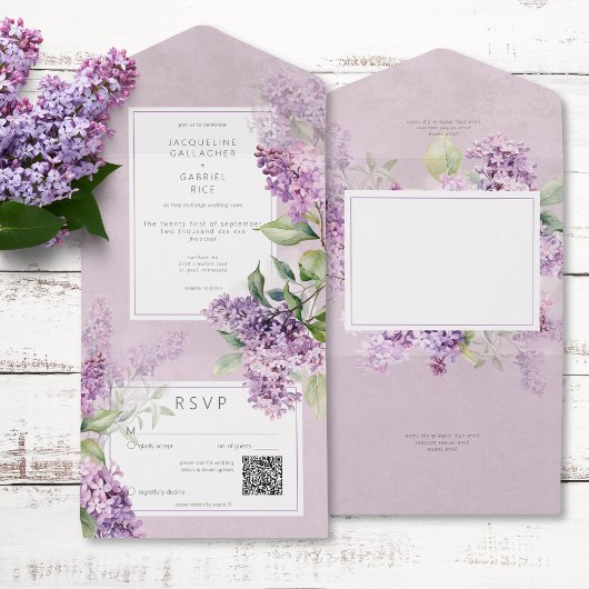 Rustikale Romantik Lila & Sage Lilacs QR Code All In One Einladung