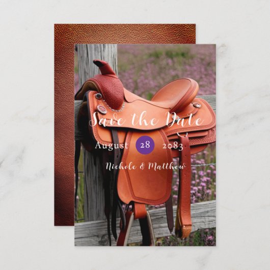 Rustikale Romantik: Sattel auf dem Zaun Save The Date (Vorne/Hinten)